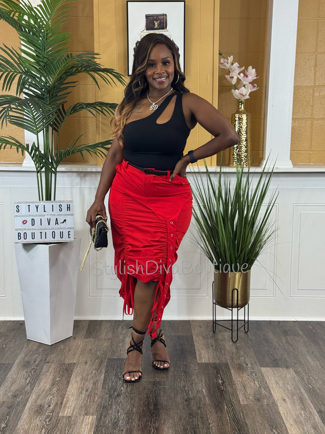 Center Stage Nylon Cargo Skirt (Red)