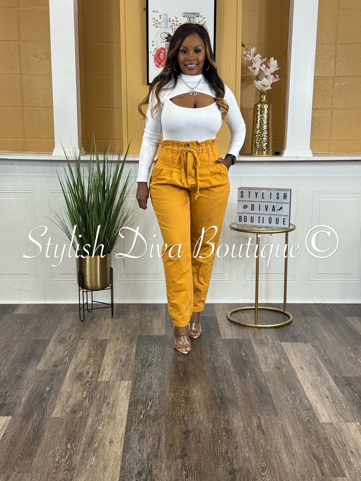 Stone Wash Paperbag Waist Pants (Mustard)
