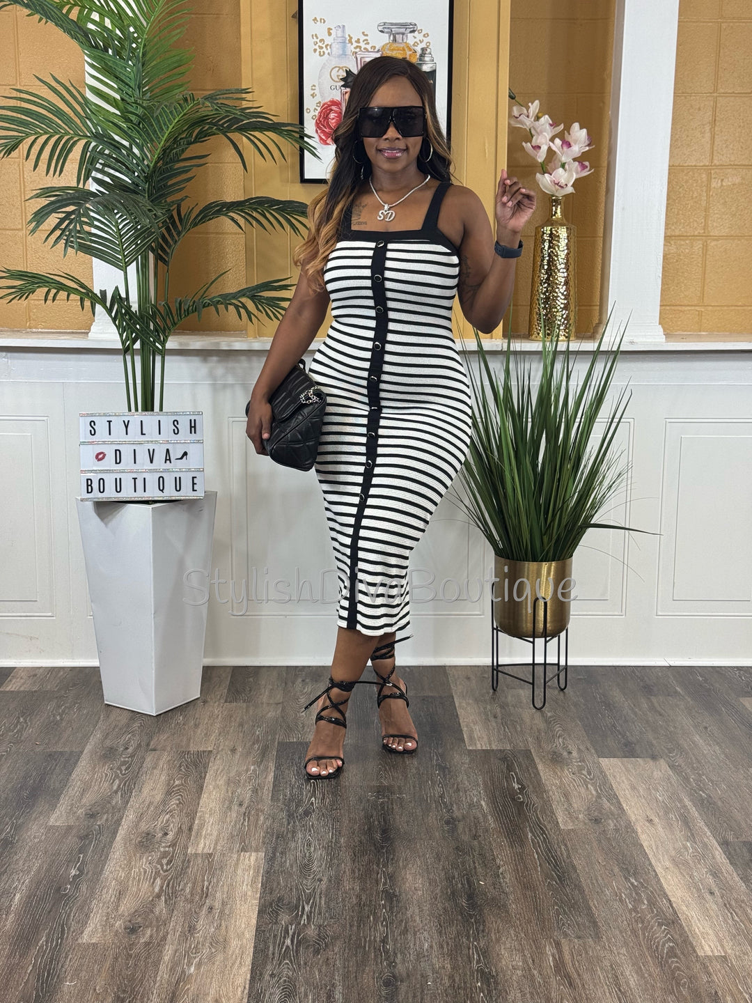 Milan Striped Midi Dress (White/Black)