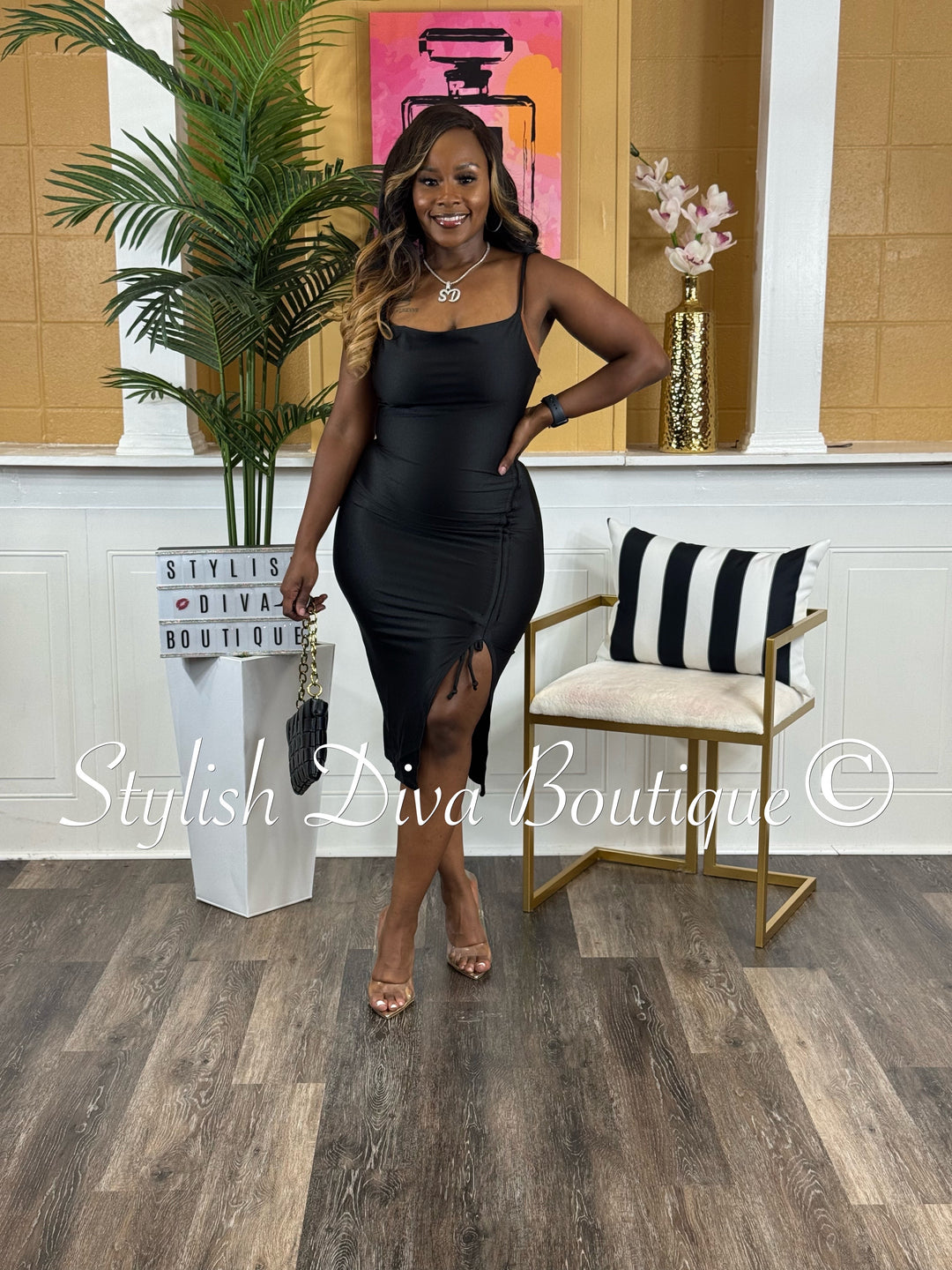 Sleek Temptation Midi Dress (Black)