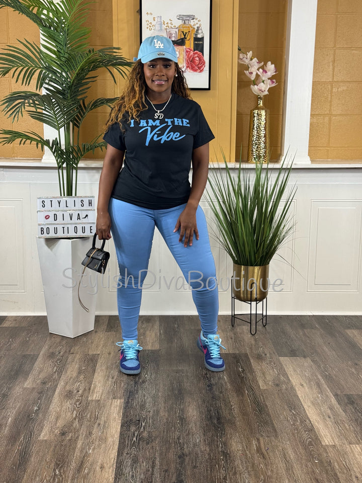 I AM the Vibe Graphic Tee (Black Shirt/Columbia Blue Print)