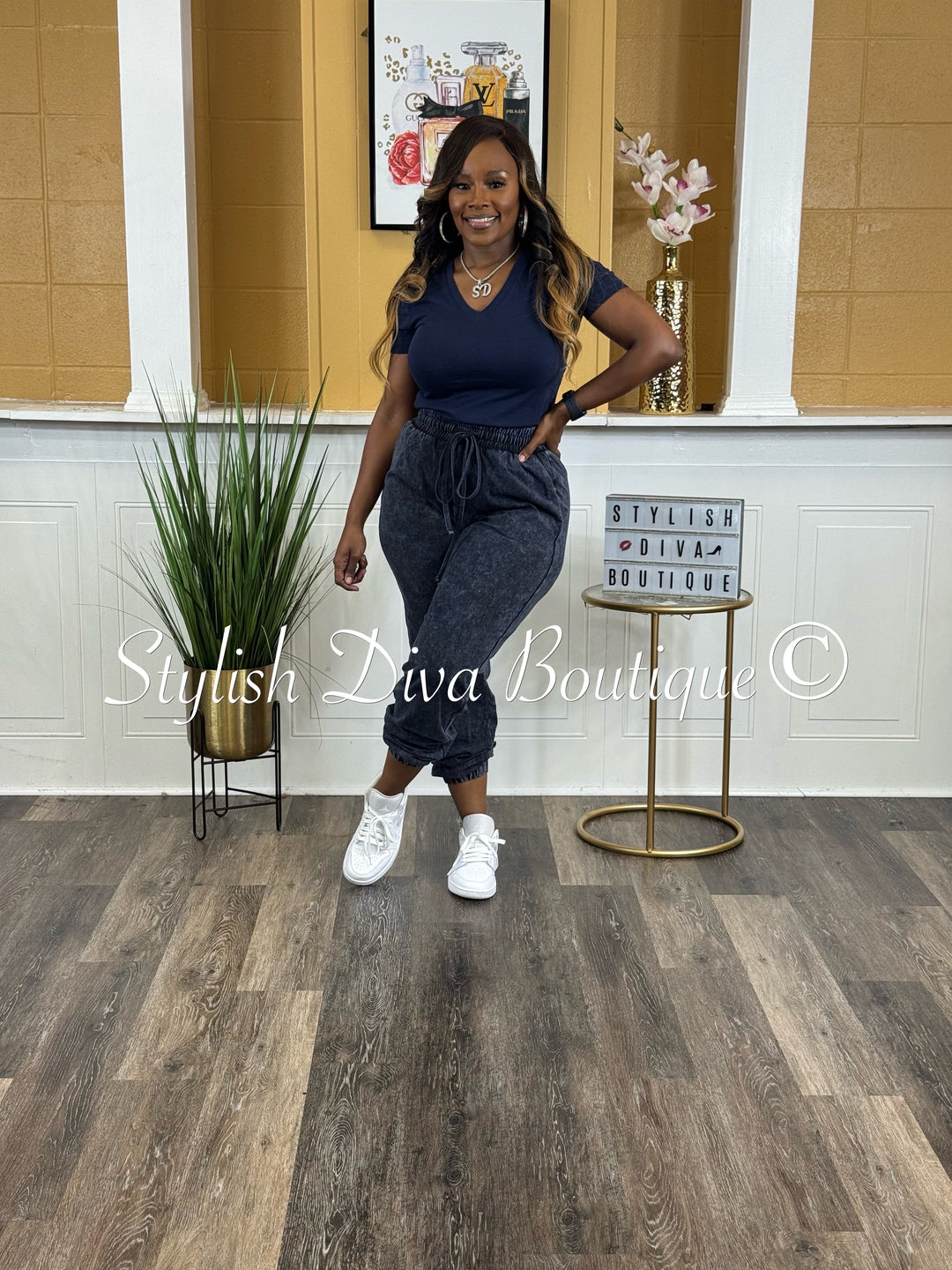 Kerrilyn Acid Wash Jogger Set (Navy)