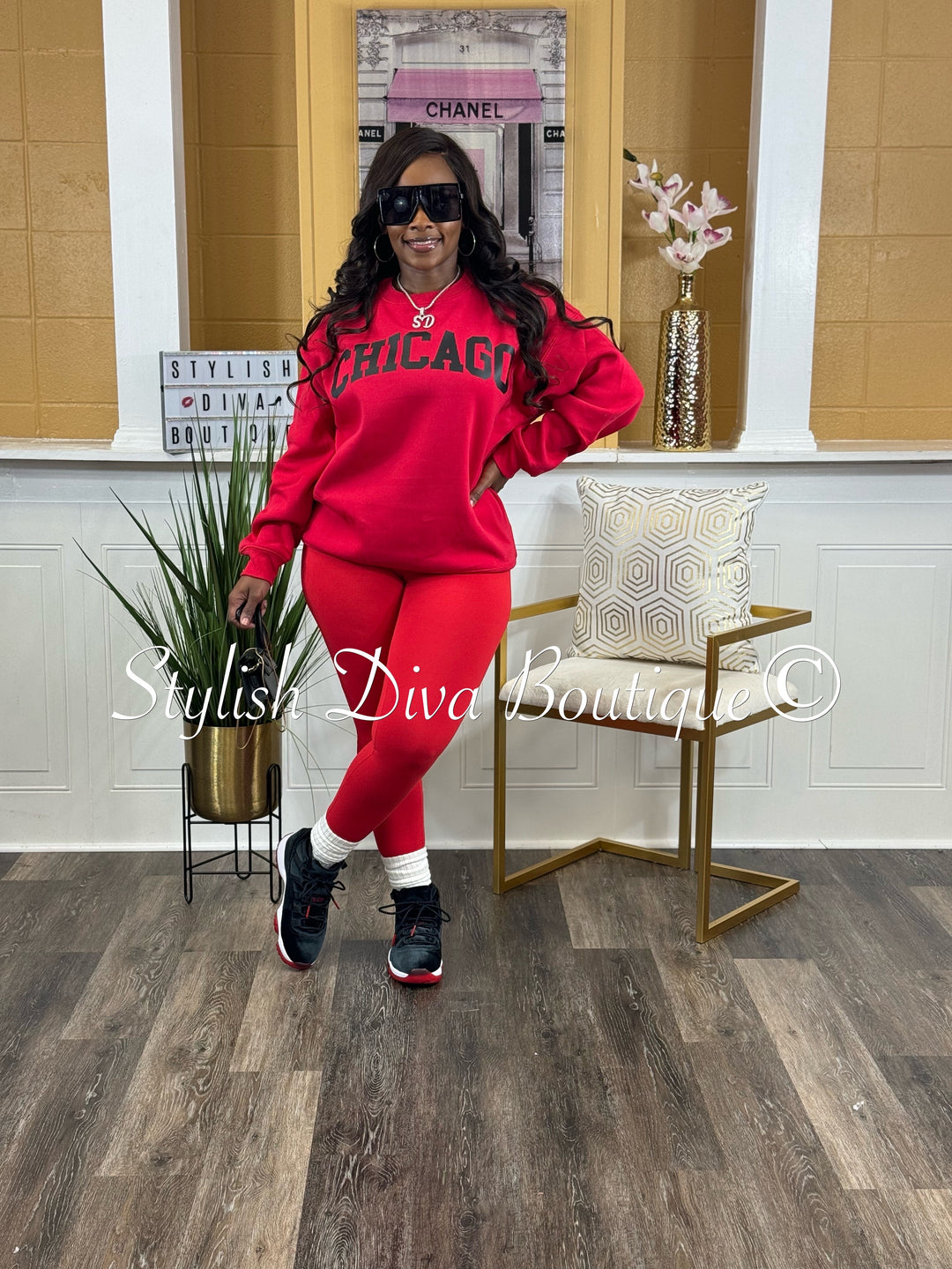 Chicago Oversized Sweatshirt & Leggings 3pc Set (Red Top w/ Red & Black Leggings)