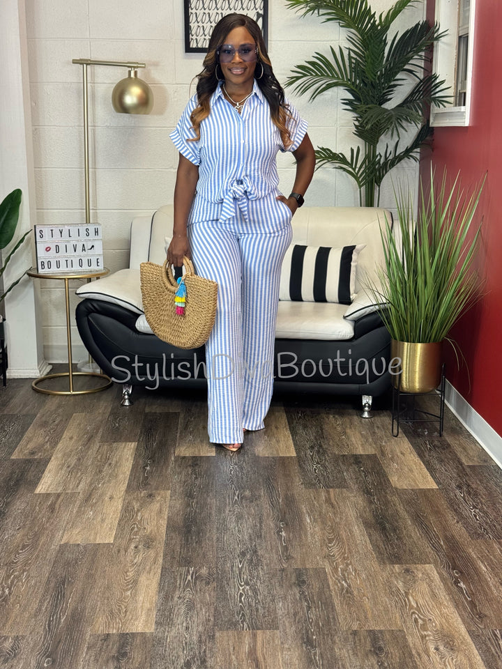 Coastal Diva Pants Set (Blue/White)