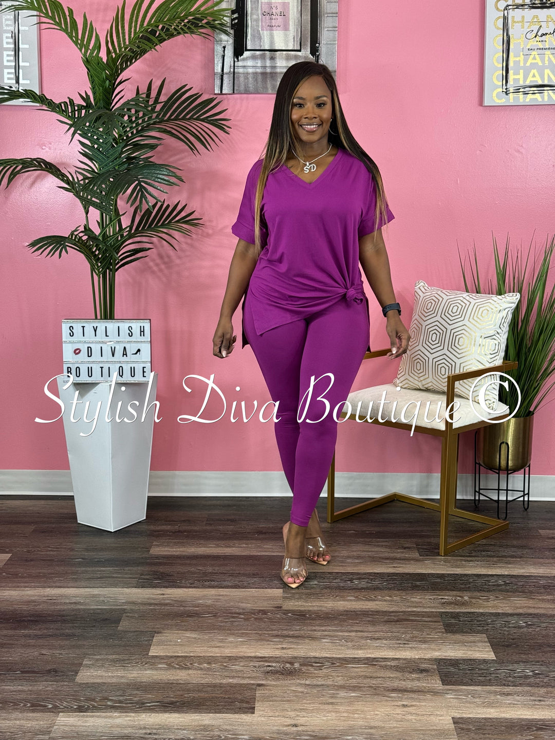Wine and Chill Legging Set up to 3XL (Plum Purple)