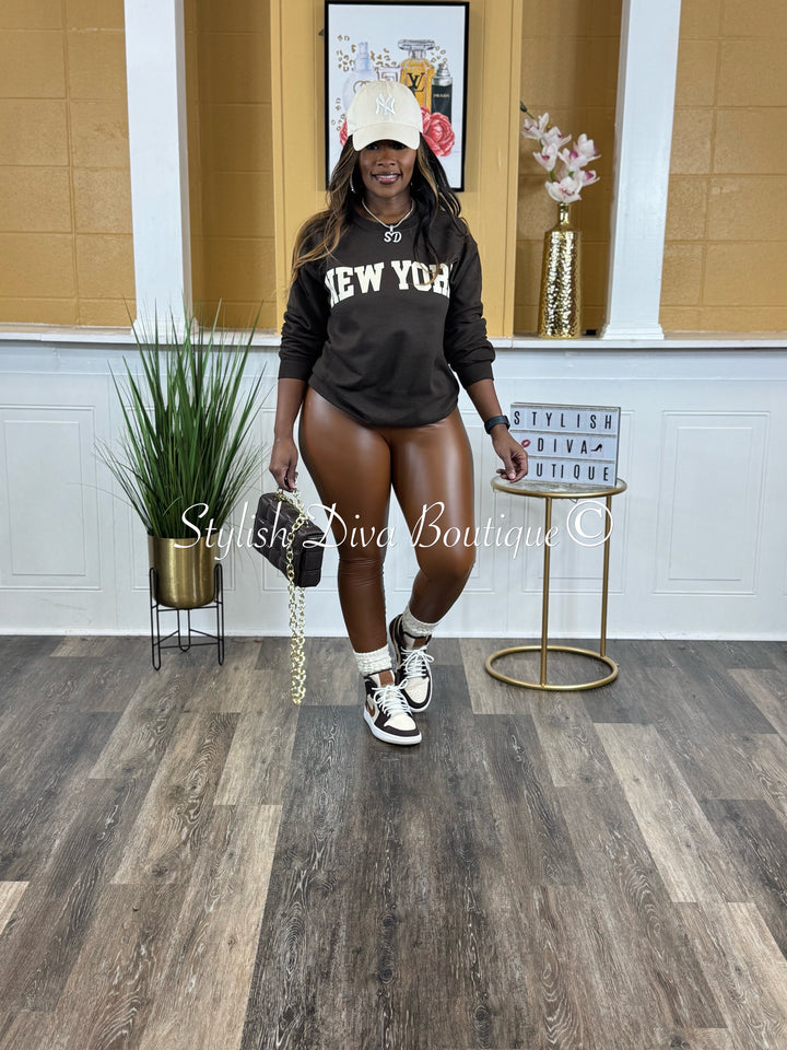 New York Sweatshirt Only up to 3XL (Chocolate/Cream Print)