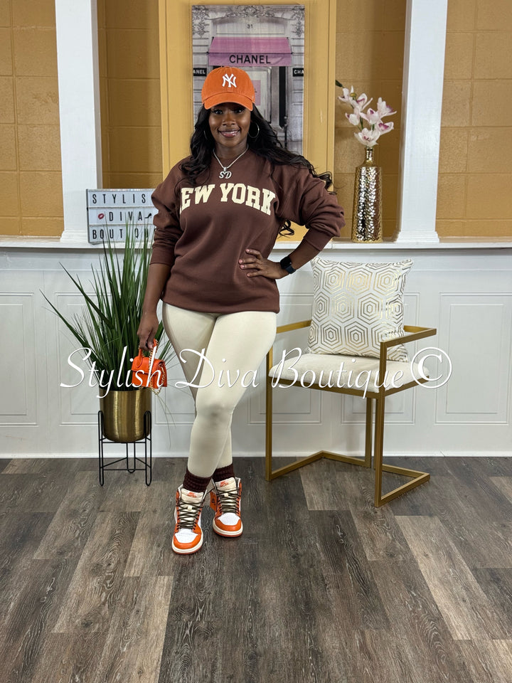 New York Oversized Sweatshirt & Leggings Set (Brown & Cream)