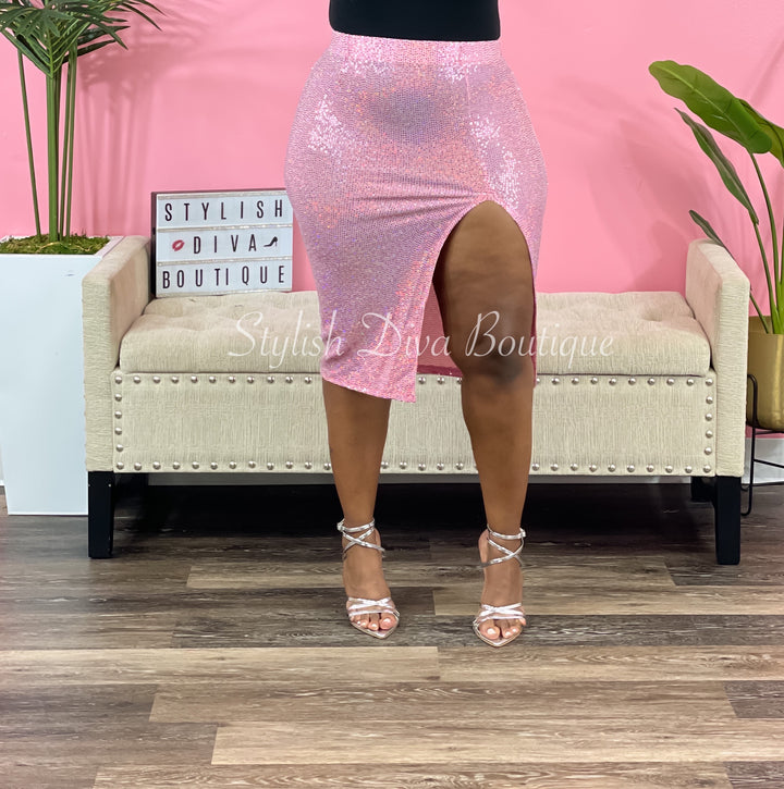 Sequin High Slit Midi Skirt (Pink)