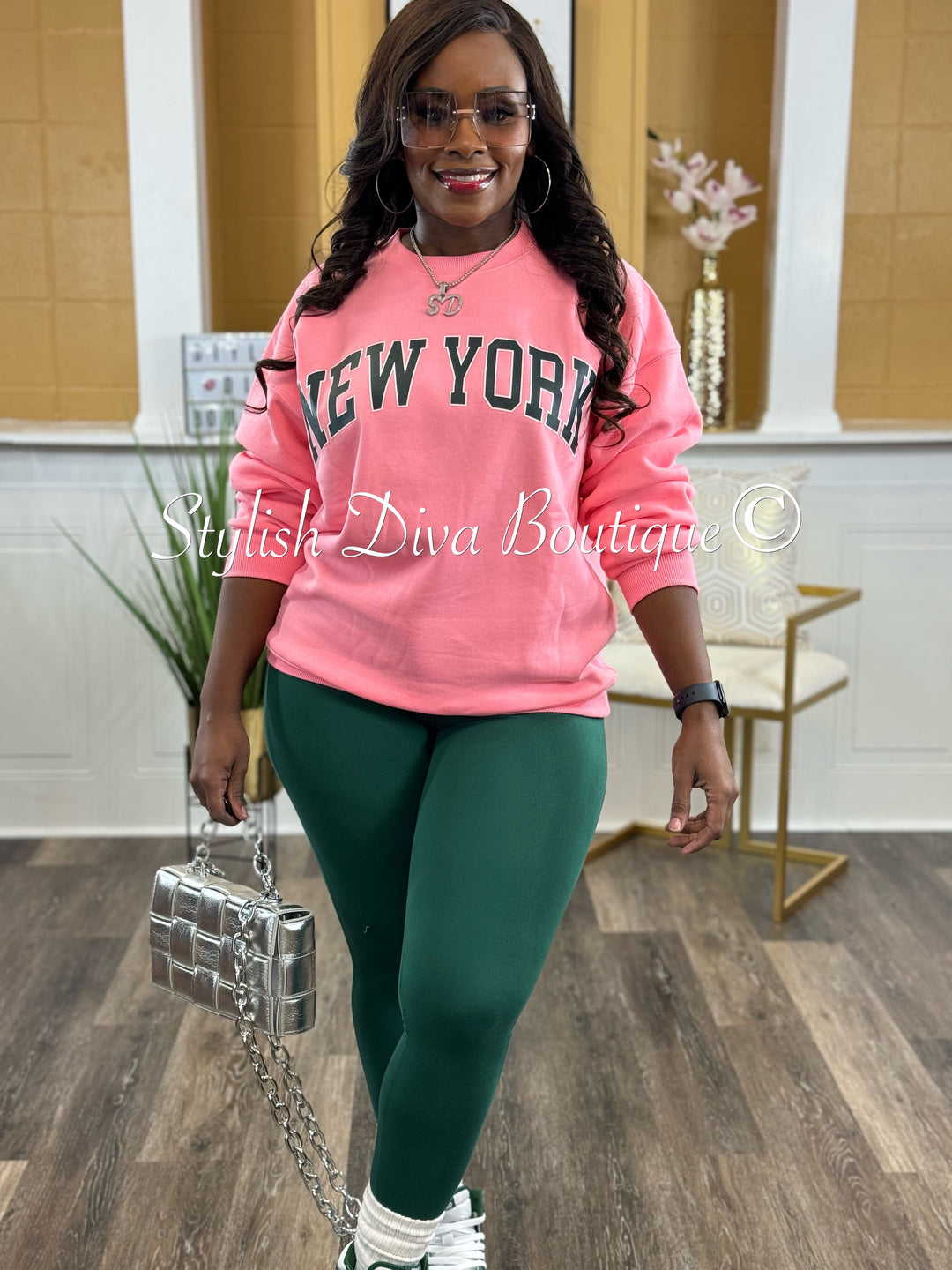 New York Oversized Sweatshirt & Leggings Set (Bright Pink/Dk Green Print)