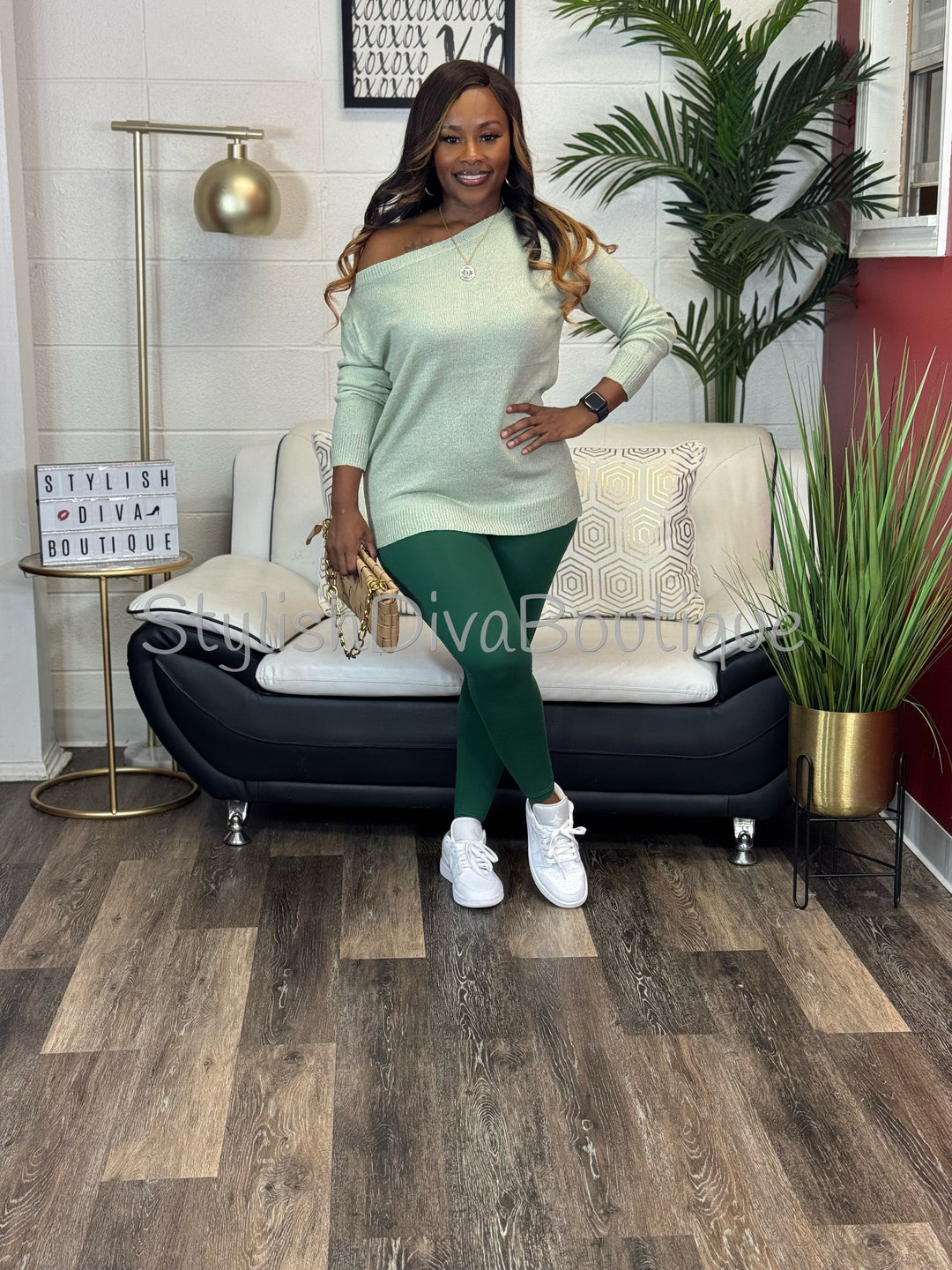 Bobbi Off Shoulder Everyday Sweater (Sage)