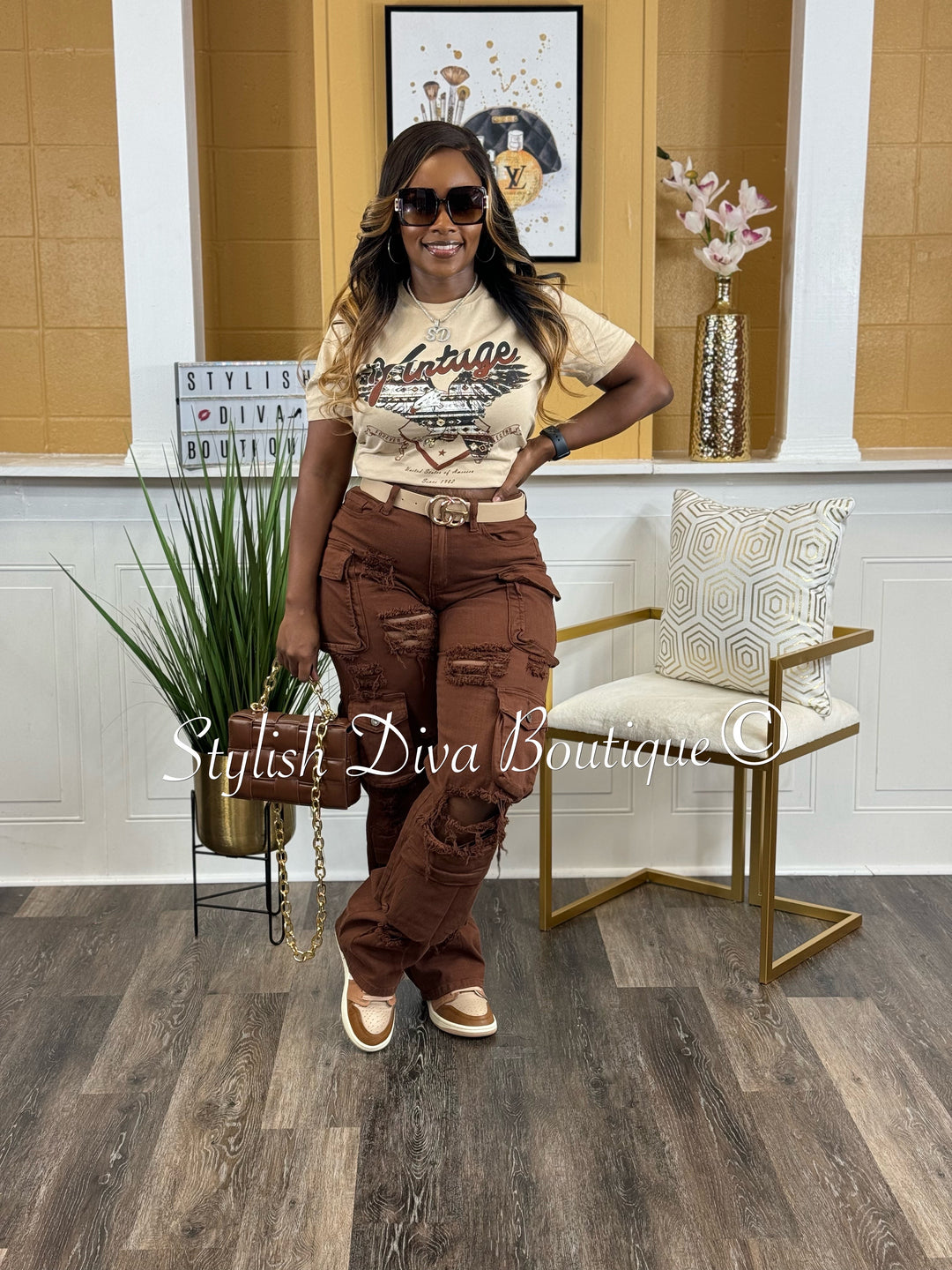 Diva Distressed Cargo Pants (Chocolate Brown)