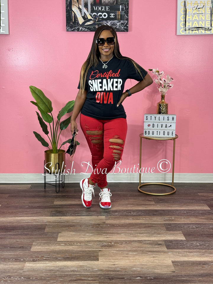 Certified Sneaker Diva T-Shirt (Black Shirt/Red & White Print)