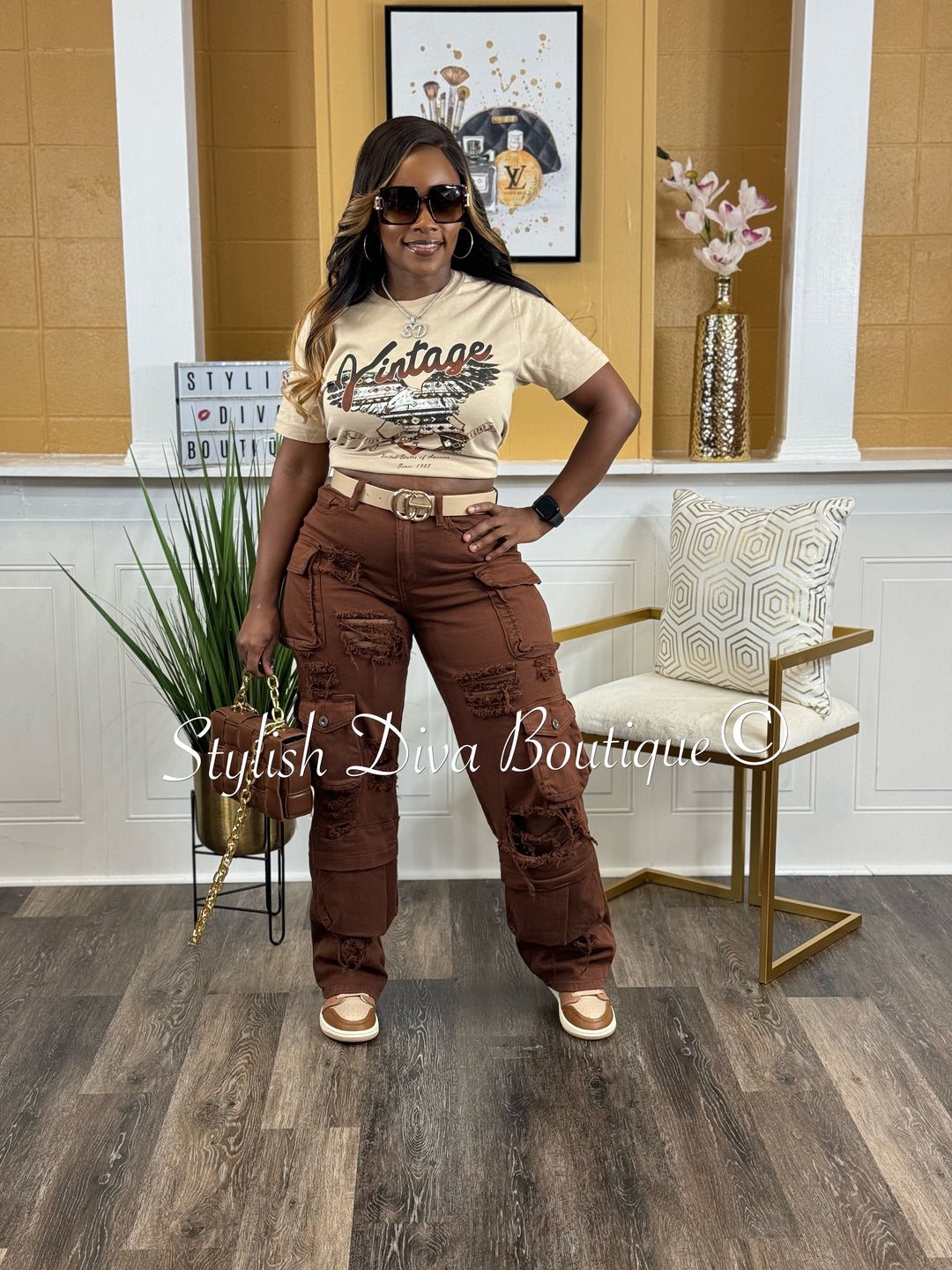 Diva Distressed Cargo Pants (Chocolate Brown)