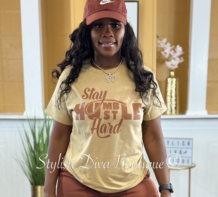 Stay Humble Hustle Hard T-Shirt (Tan Shirt/Brown Print)