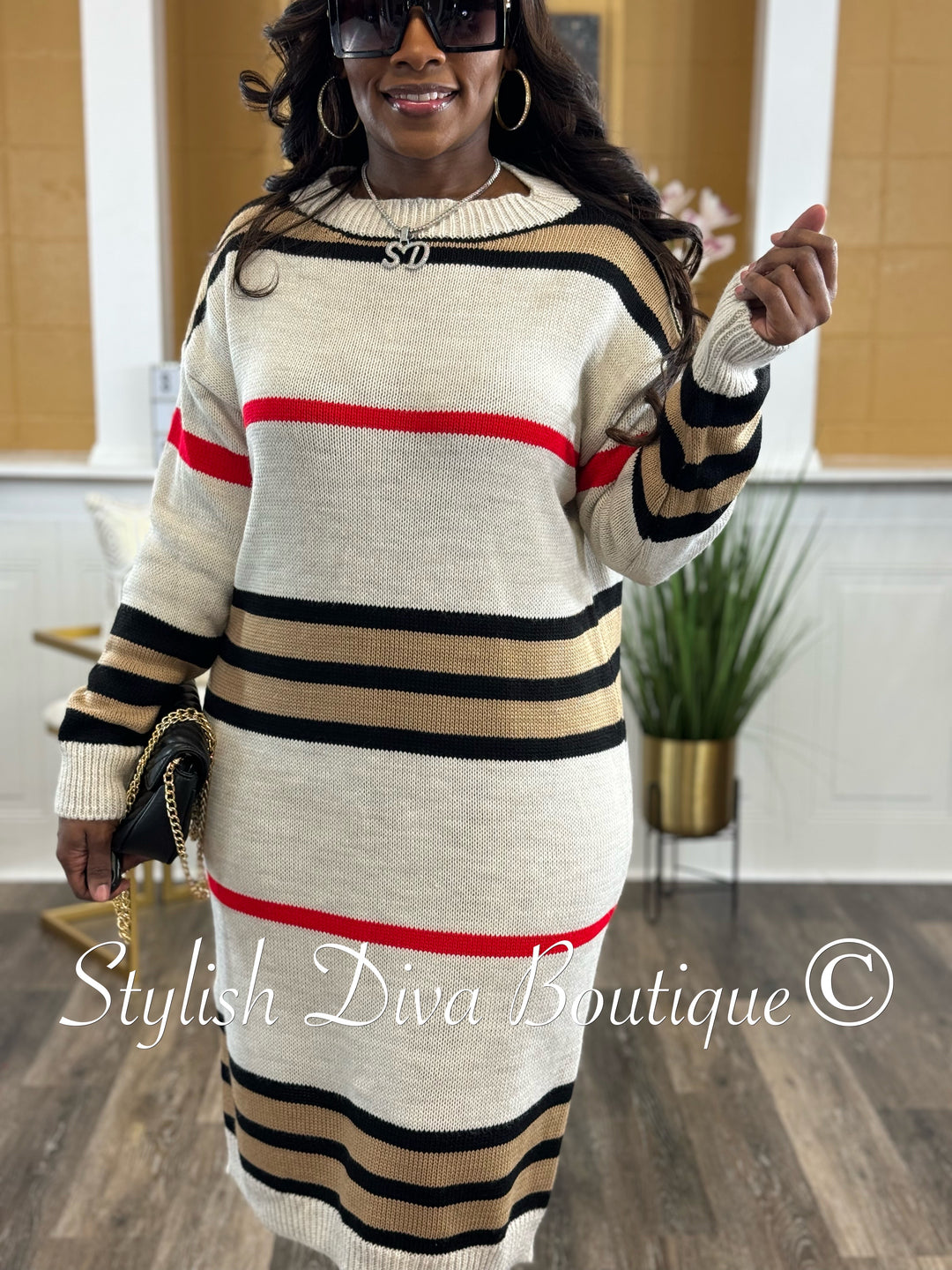 Ava Striped Knitted Midi Sweater Dress (Stone/Red/Brown/Black) Ava Striped Knitted Midi Sweater Dress (Stone/Red/Brown/Black)