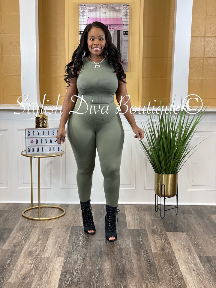 Camille Ribbed Sleeveless Tank Top (Lt Olive)