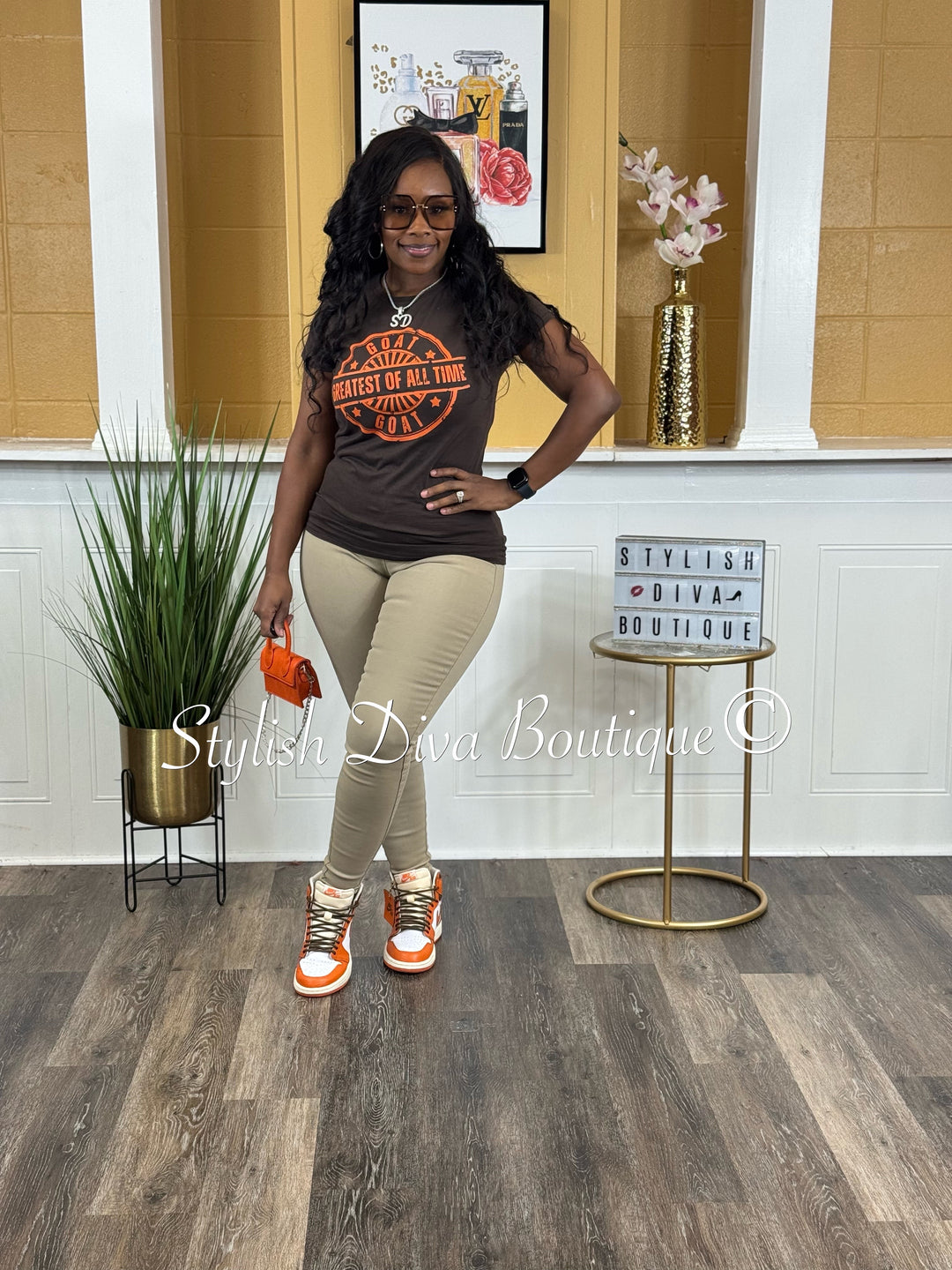 GOAT Stamped (Dark Brown Shirt/Deep Orange Print)