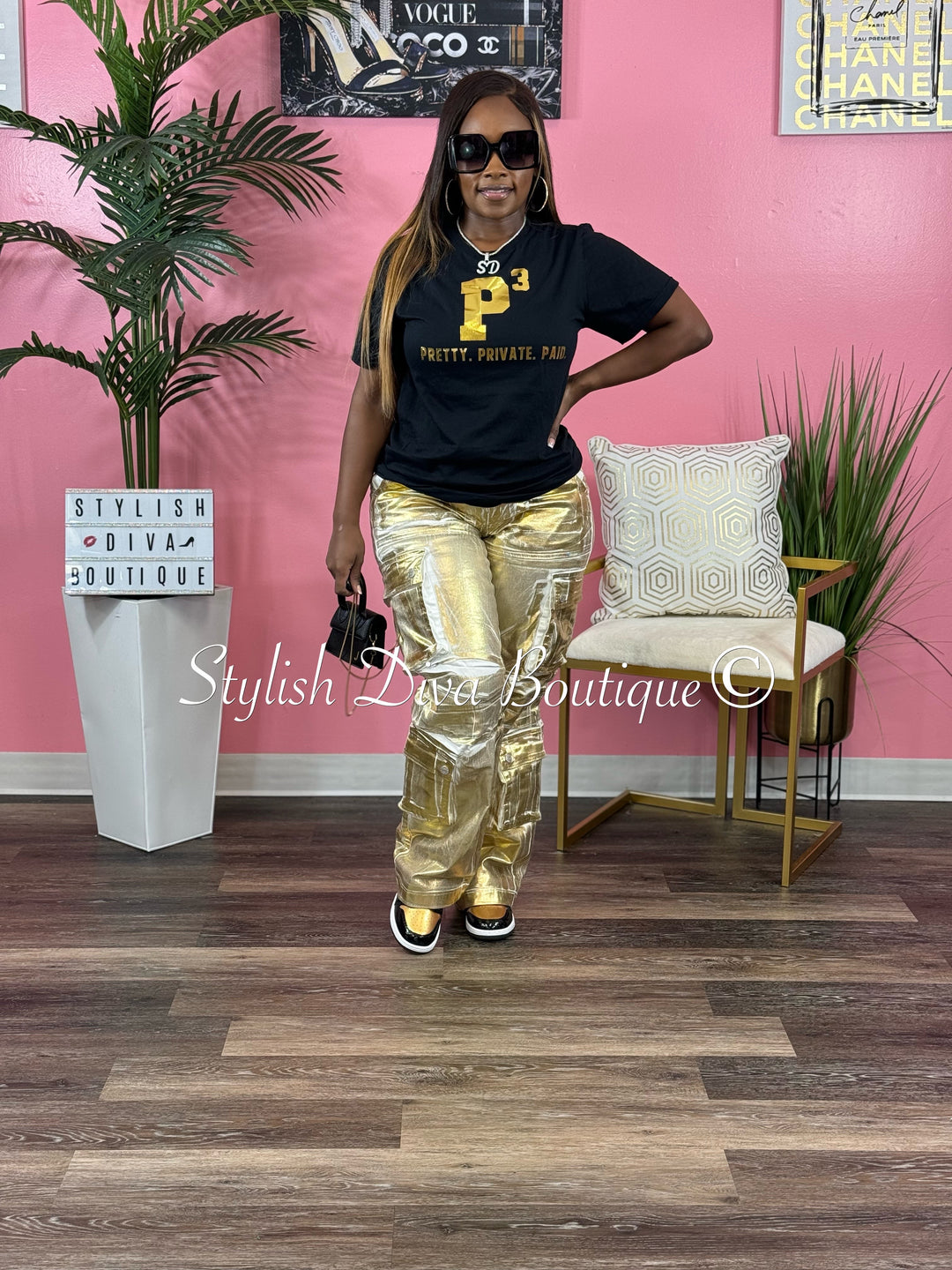 P-3 Pretty. Private. Paid. T-Shirt (Black/Gold Foil Print)