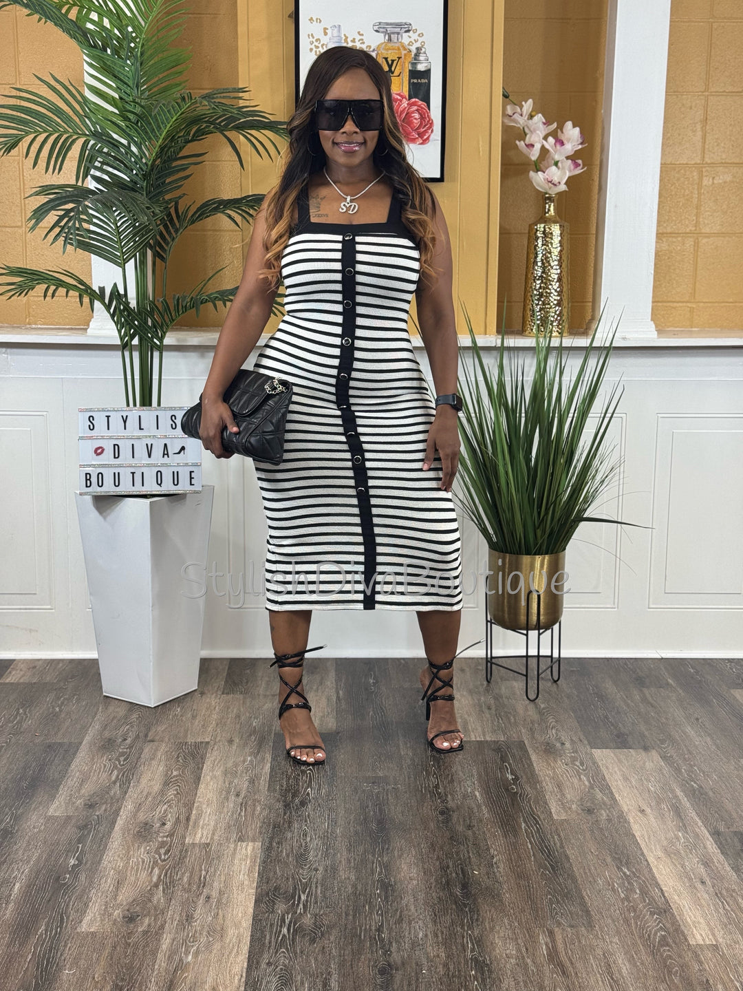 Milan Striped Midi Dress (White/Black)