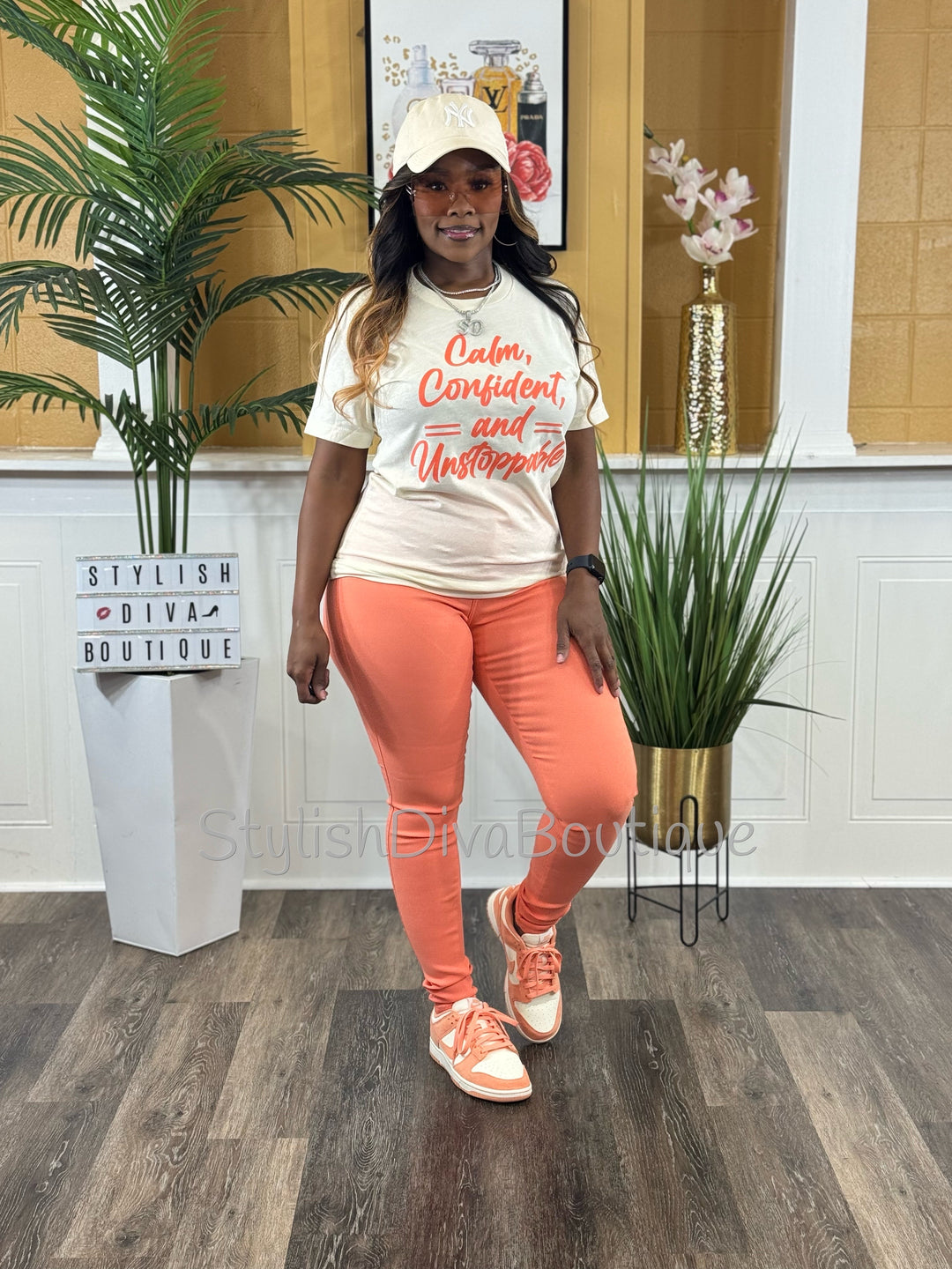 Calm, Confident, &amp; Unstoppable Graphic Tee (Coral Print)
