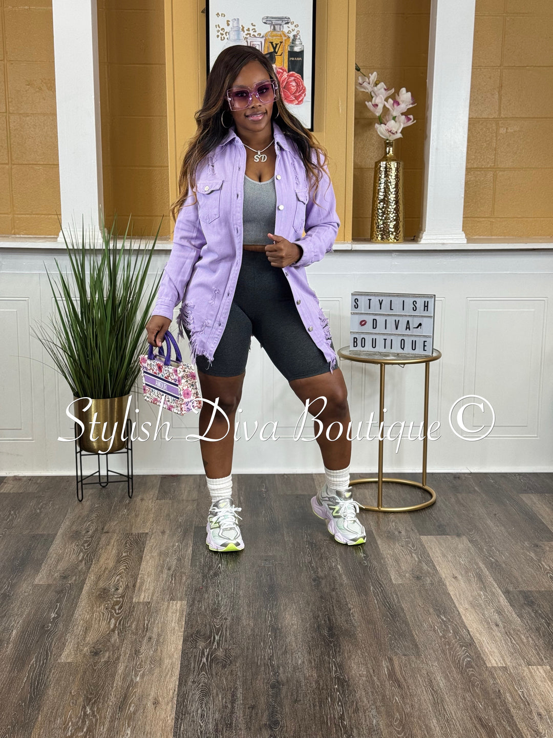 Hallie Distressed Denim Shacket (Lavender Denim)