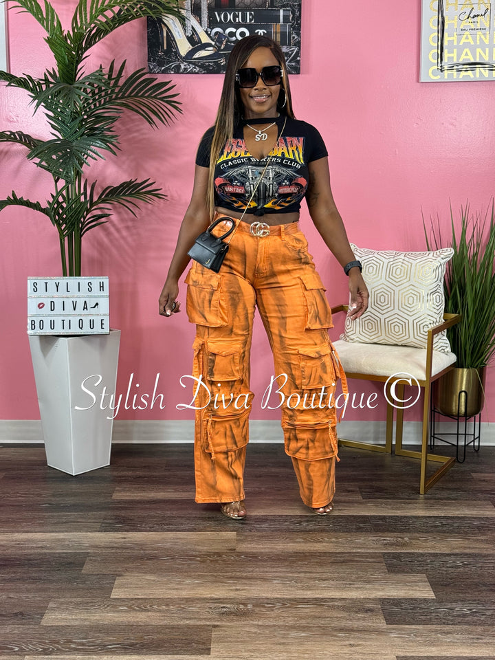 Best Kept Secret Sprayed Cargo Pants up to 3XL (Orange/Black)