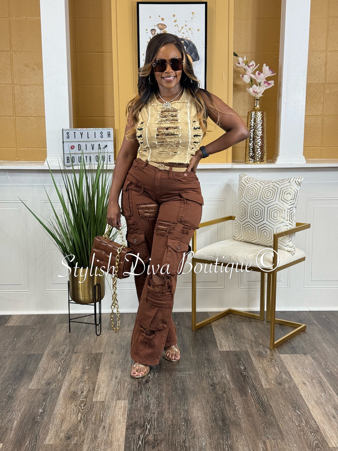 Diva Distressed Cargo Pants (Chocolate Brown)