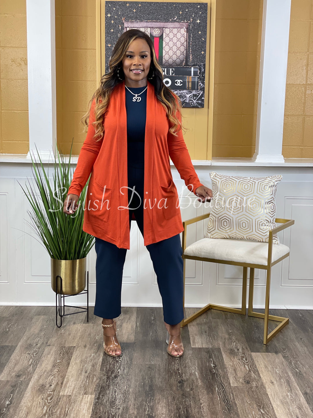 Business Inclusive 2pc Cardigan & Pants Set (Midnight Navy & Copper)