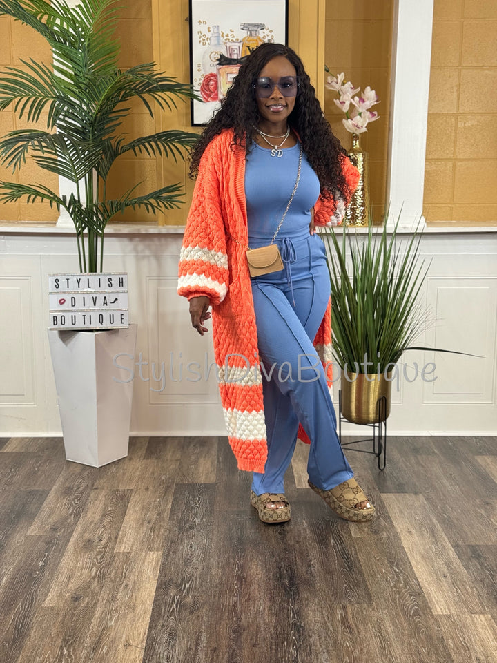 Sharlotte Colorblock Long Knit Cardigan (Bright Orange/Cream)