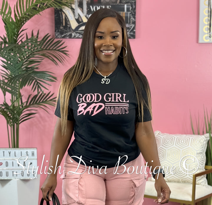 Good Girl Bad Habits T-Shirt (Black/Pink & White Print)