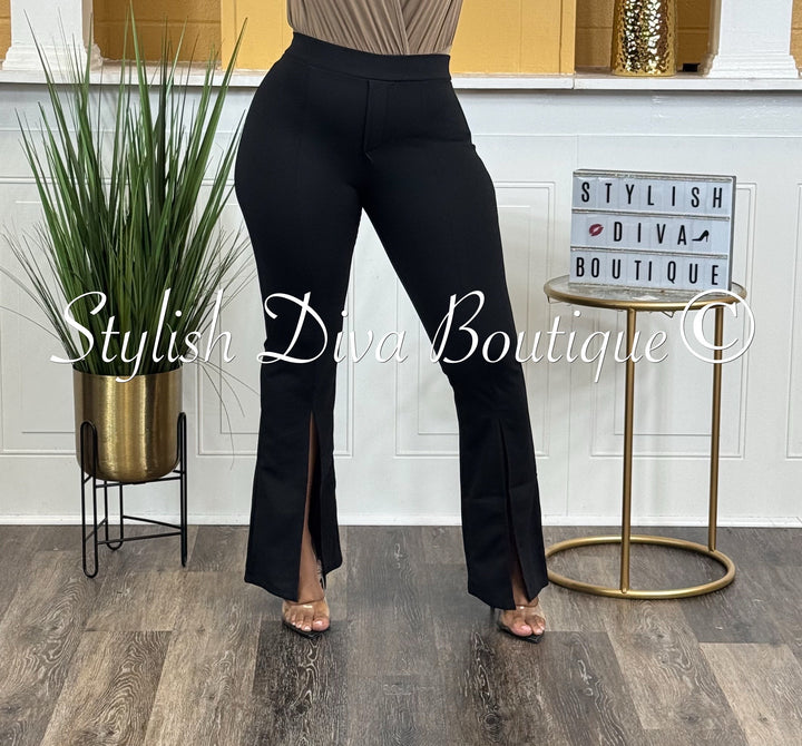Split Front High Waist Flare Pants (Black)
