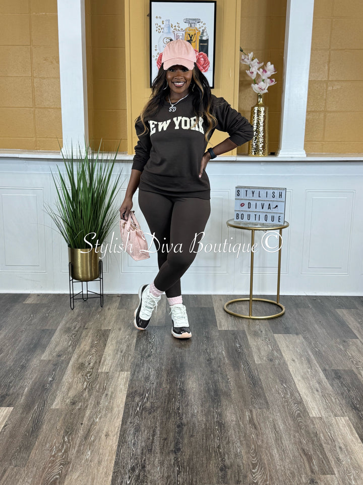 New York Sweatshirt Only up to 3XL (Chocolate/Cream Print)