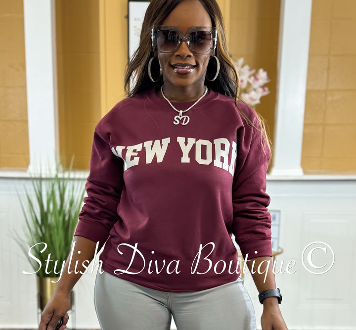 New York Sweatshirt Only up to 3XL (Burgundy/Grey Print)