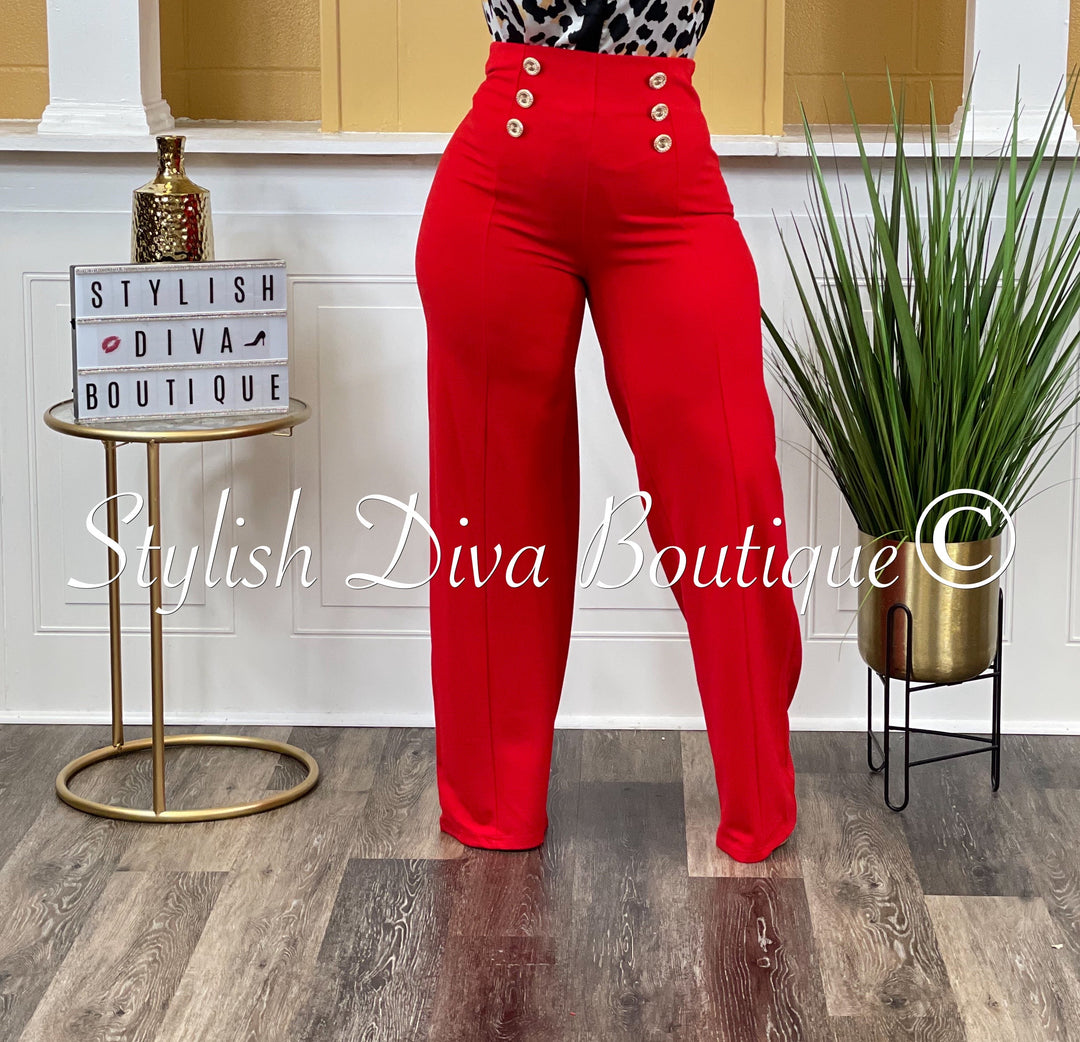 Olivia Gold Button High Waist Pants (Red)