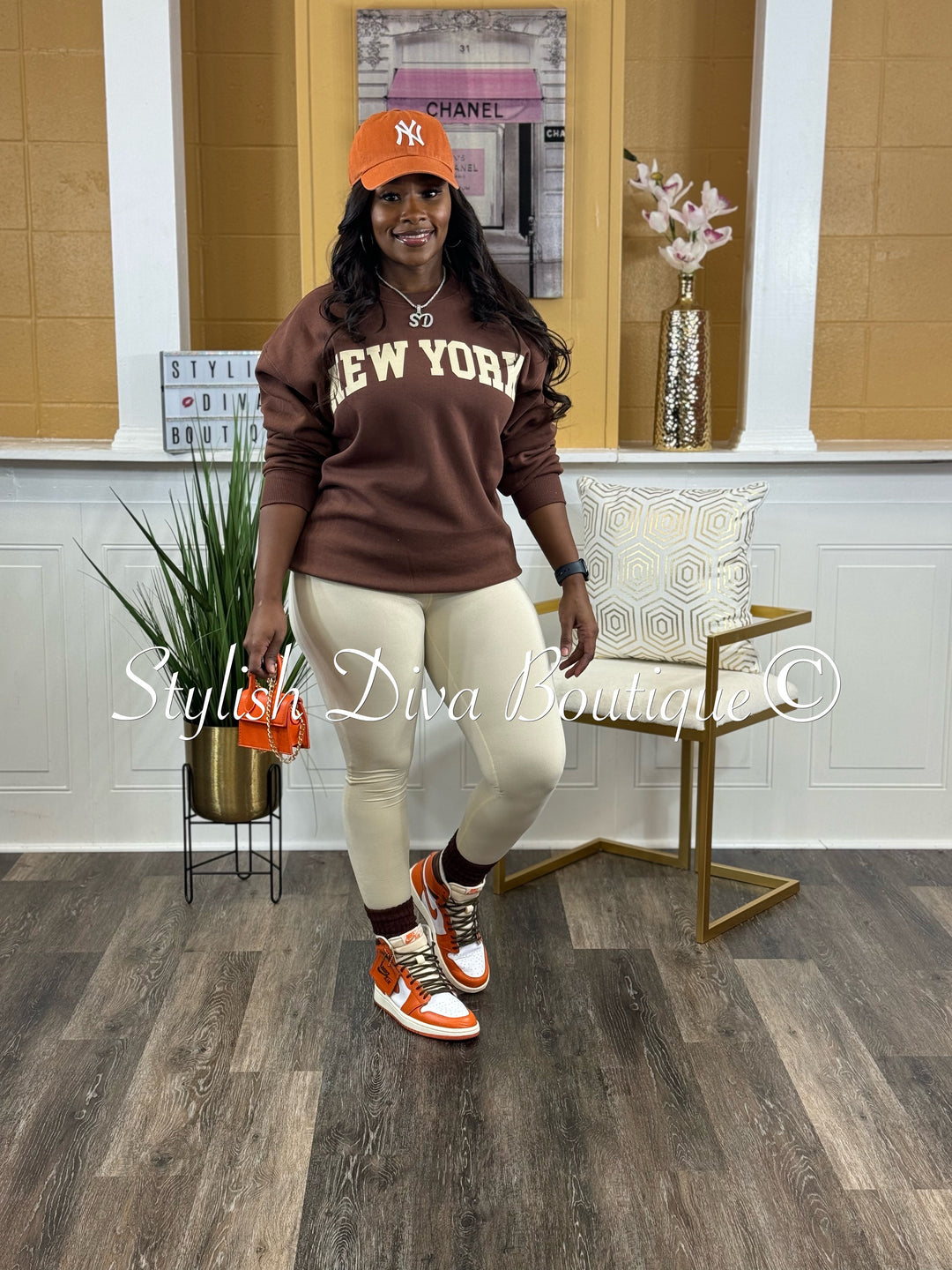 New York Oversized Sweatshirt & Leggings Set (Brown & Cream)