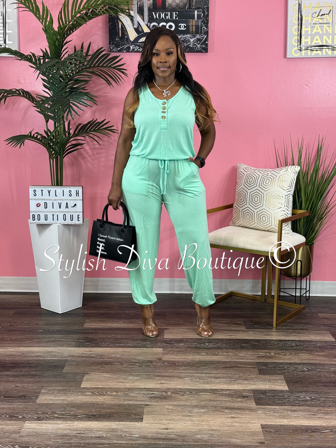 Weekend Sleeveless Jogger Jumpsuit up to 3XL (Green Mint)