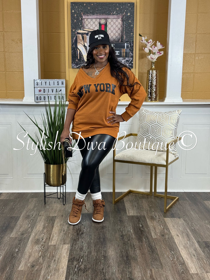 New York V Neck Sweatshirt Only (Terracotta Brown)