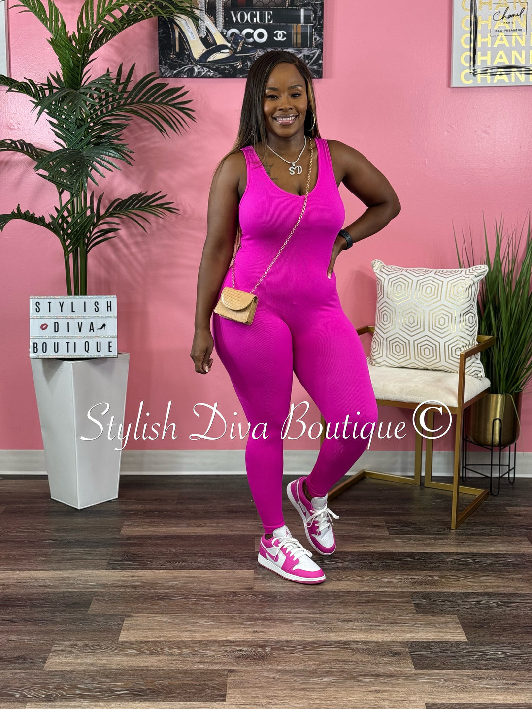 Ribbed Seamless Jumpsuit (Hot Pink)