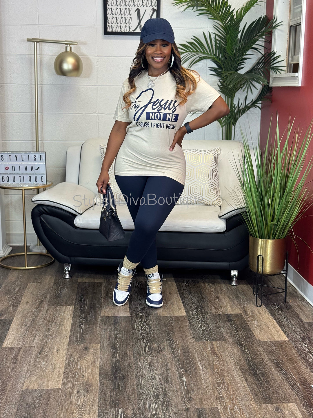 Try Jesus Not Me T-shirt (Sand Shirt/Dark Navy Print)