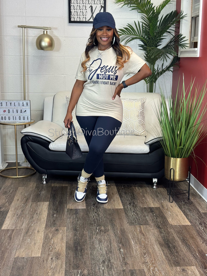 Try Jesus Not Me T-shirt (Sand Shirt/Dark Navy Print)