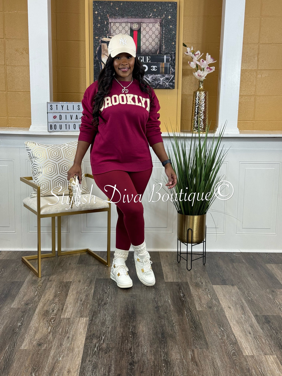 Brooklyn Oversized Sweatshirt & Leggings Set (Cabernet & Cream)