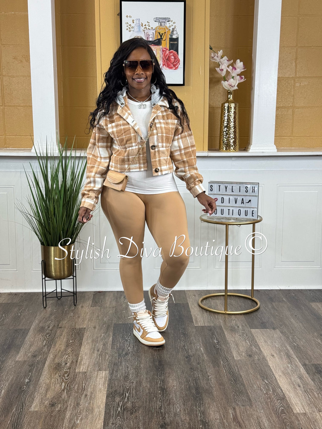 Maple Plaid Cropped Hoodie Jacket (Praline Brown/White)