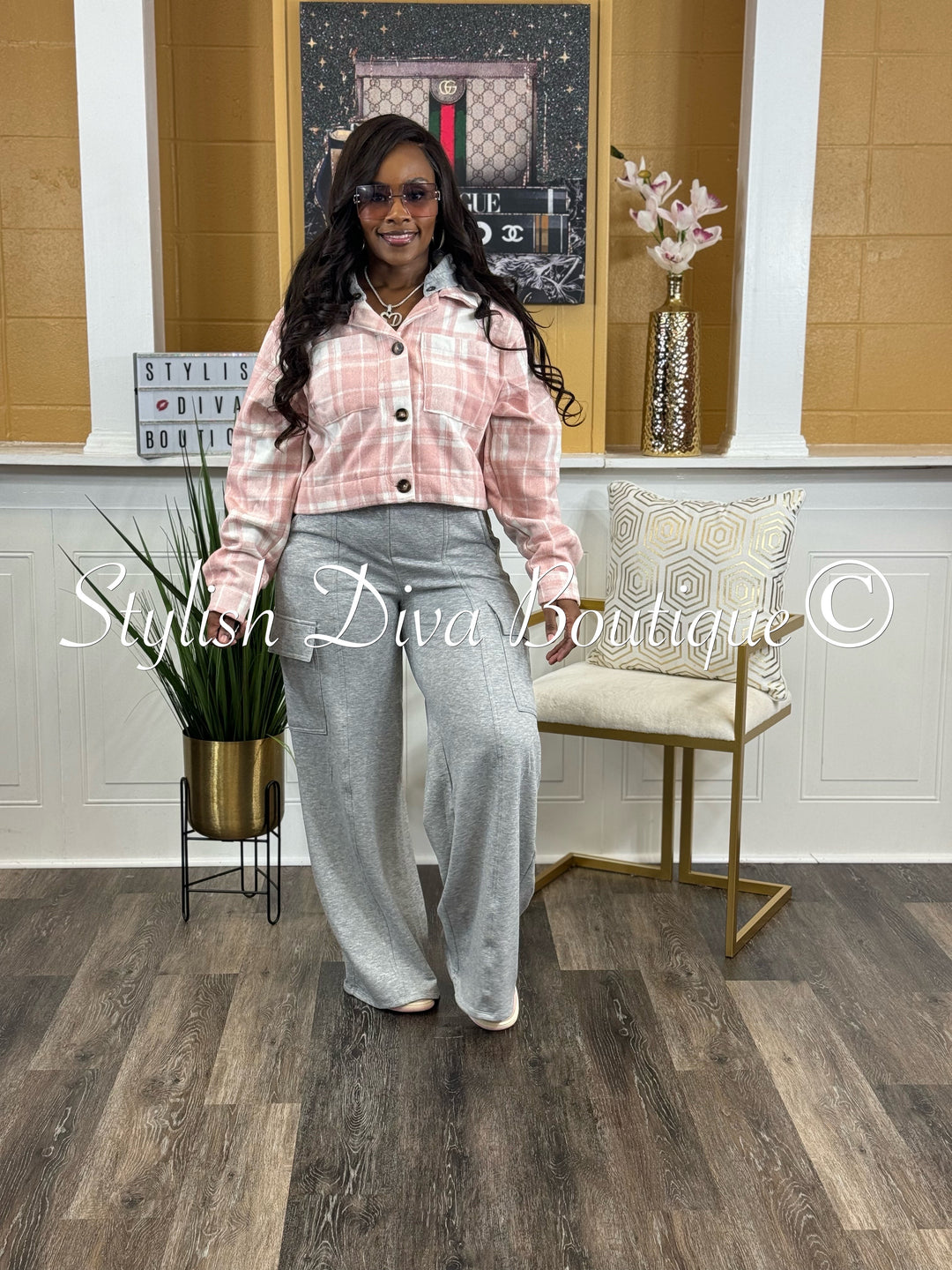 Go After It Wide Leg Cargo Pant Set (Pink Plaid/Heather Grey)