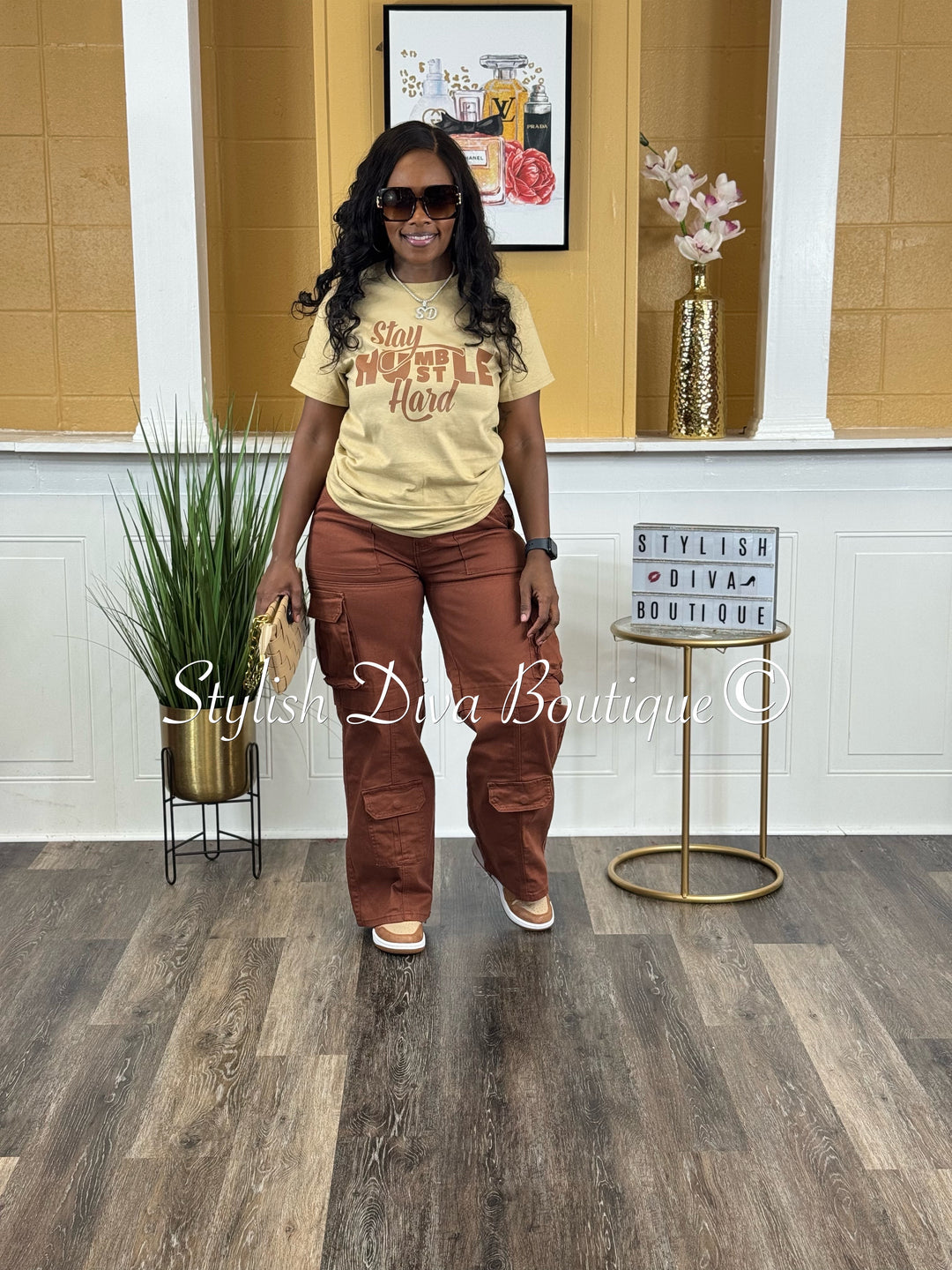 Stay Humble Hustle Hard T-Shirt (Tan Shirt/Brown Print)