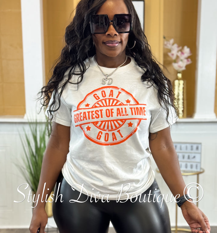 GOAT Stamped (White Shirt/Deep Orange Print)