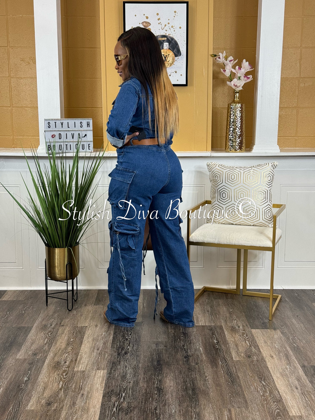 Zena L/S Cargo Denim Jumpsuit up to 3XL (Medium Wash)