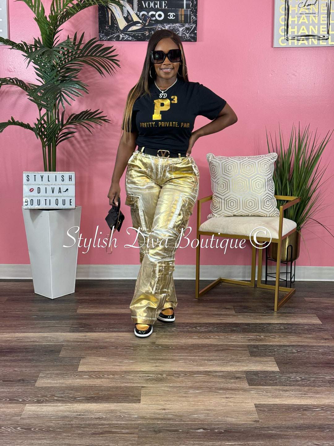 Gold Feelings Metallic Cargo Pants (White/Gold Foil)