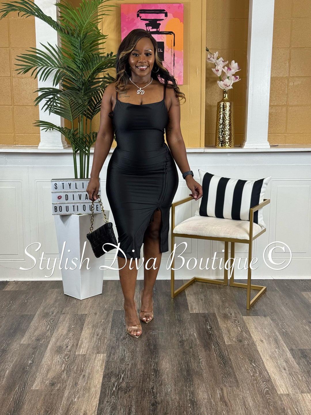 Sleek Temptation Midi Dress (Black)