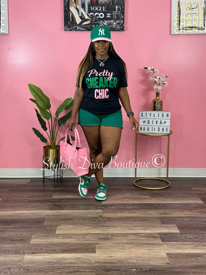 Pretty Sneaker Chic T-Shirt (Black Shirt/Pink & Green Print)