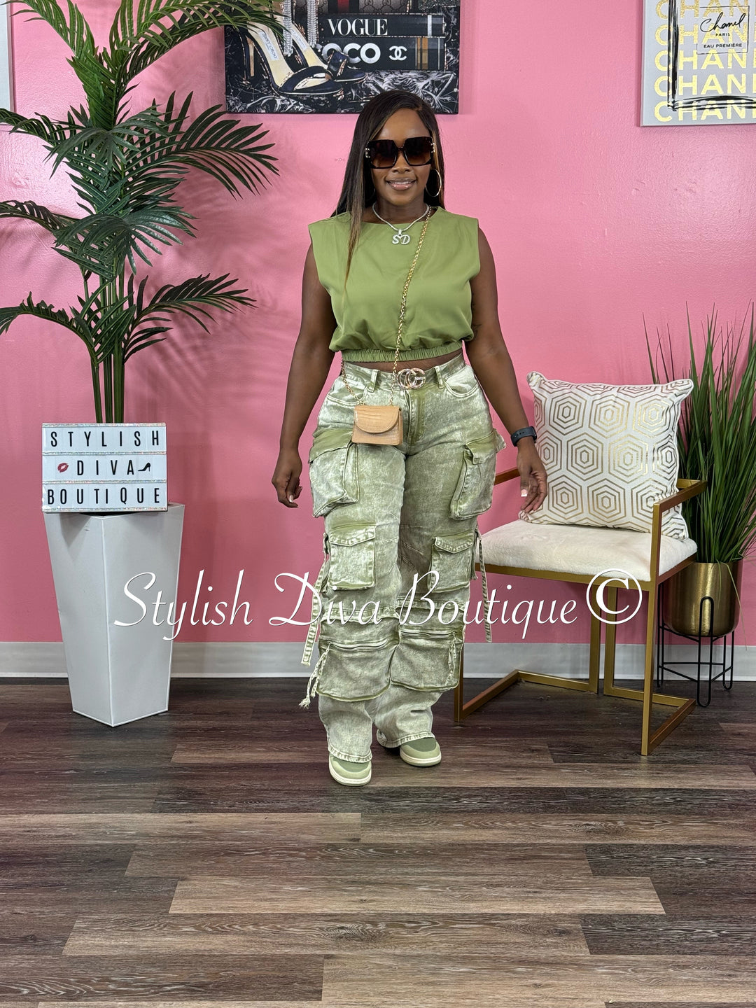 Nicki Acid Wash Cargo Pants (Sage)